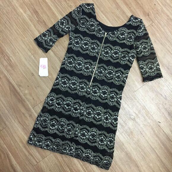 GB Girls Dress Size Large Black Gold Lace Fitted Visible Zip NEW - Picture 6 of 6